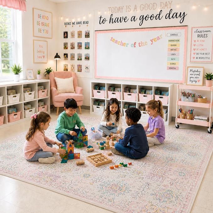 Lahome Pink Boho Area Rug, 8x10 Washable Rugs for Bedroom Girls Living Room, Soft Blush Floral Non Slip Pastel Thin Floor Carpet for Classroom Playroom Home Decor