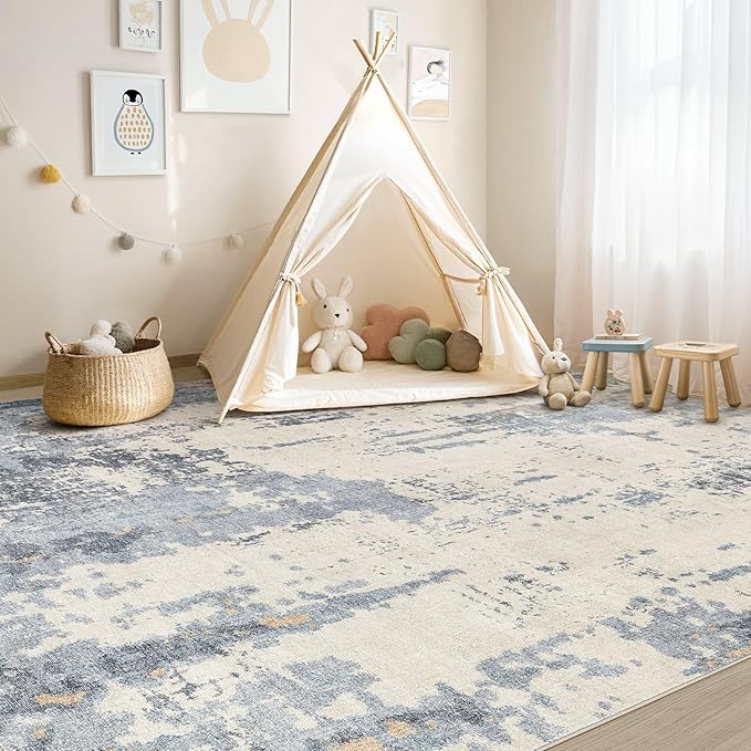 UERMEI 5x7 Area Rug Living Room Rugs - Washable Neutral Modern Abstract Soft Thin Rug Indoor Floor No Slip Rug Carpet for Bedroom Under Dining Table Home Office Decor - Blue/Light Brown