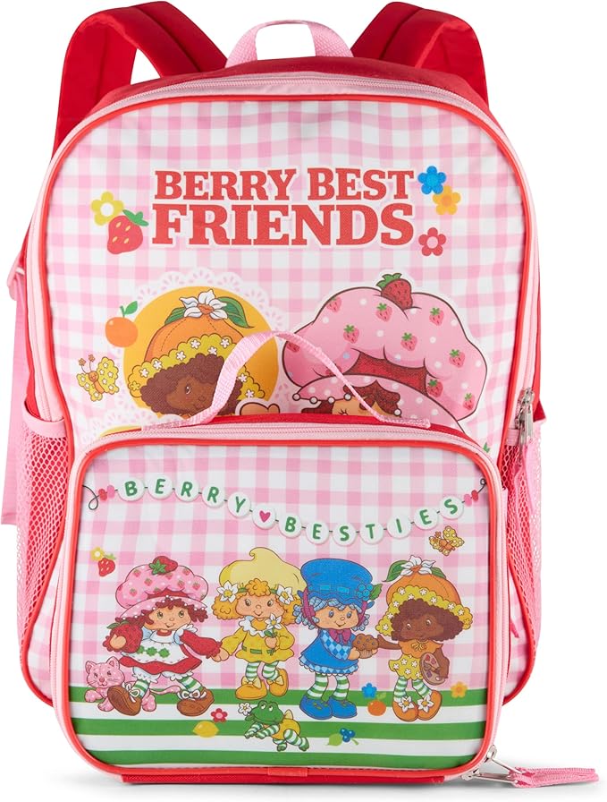 AI ACCESSORY INNOVATIONS Strawberry Shortcake 2 Piece Backpack Set for Girls, 16 Inch Berry Besties School Bag with Adjustable Padded Straps, Pink Gingham Pattern