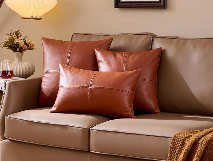 Full Grain Leather Lumbar Pillow Cover (14" x 22") (Brownish Orange) | Cowhide Sofa Cushion Case Thick Genuine Leather Throw Pillow for Living Room Bedroom and Home Office, Pack of 1, Cover Only