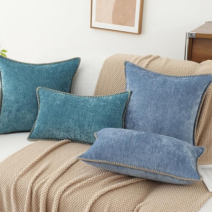 decorUhome Summer Chenille Soft Cozy Throw Pillow Covers 22x22 Set of 2, Modern Farmhouse Boho Velvet Decorative Euro Sham Pillow Cases with Stitched Edge for Couch Sofa Bed Home Decor, Teal