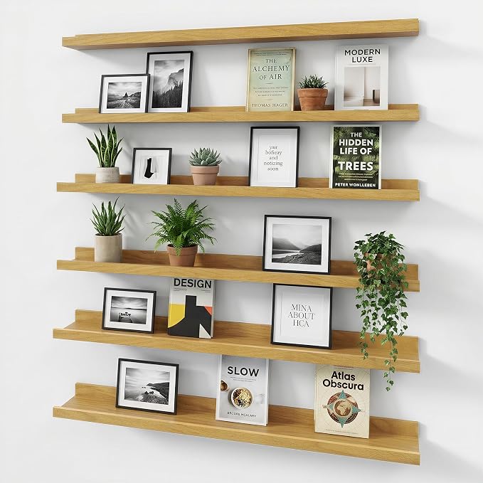 Acovy Floating Shelves Set of 6, 36 Inch Wall Mounted Picture Ledge Shelf with Lip, Oak Display Shelves for Living Room, Bedroom, Nursery, Bathroom & Kitchen