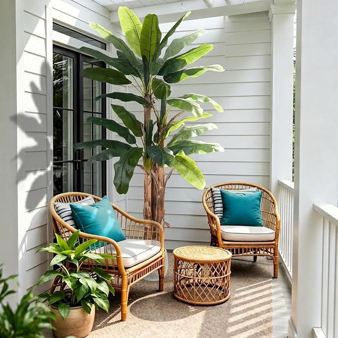 8FT Artificial Banana Tree Faux Banana Leaf Plant Artificial Tropical Tree Outdoor Large Faux Plants Indoor Fake Tree for Patio Balcony Garden Living Room Office Decor (with Faux Moss)