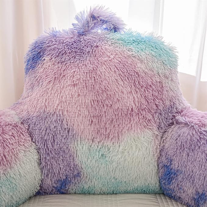 A Nice Night Faux Fur Reading Pillow Bed Wedge Large Adult Children Backrest with Arms Back Support for Sitting Up in Bed/Couch for Bedrest,BluePurple,More Large