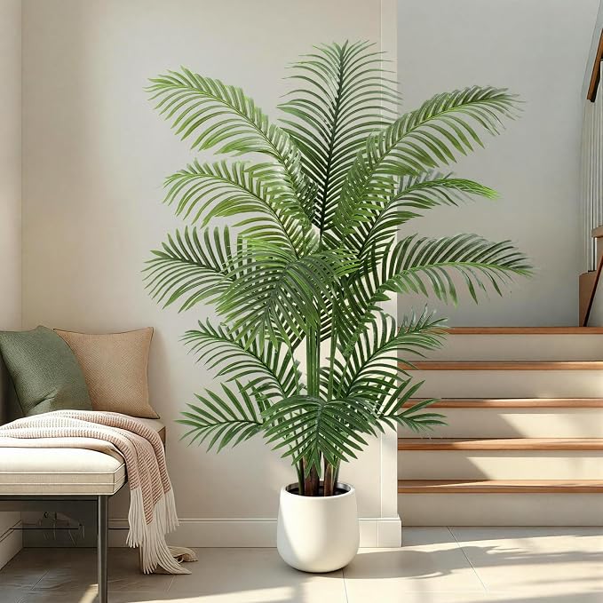 5ft Artificial Palm Tree Tall Faux Palm Tree Indoor Large Fake Plants with 15 Trunks Artificial Plants with White Pot Lifelike Leaves for Home Office Decor Living Rooms Bedrooms