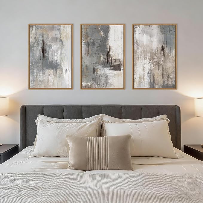 Large Abstract Neutral Gray Beige Framed Canvas Wall Art,Modern Minimalist Earth Tone Brushstroke Wall Decor,Vintage Rustic Color Block Artwork for Living Room,Bedroom,Farmhouse- 16"x24"x3