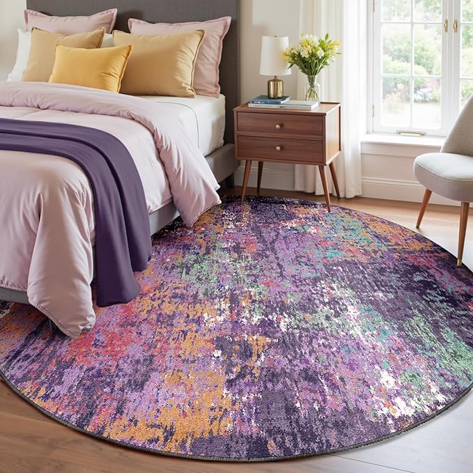 RELEANY Washable Area Rugs 8ft Non-Slip Modern Abstract Soft for Living Room Entryway Bedroom Nursery, Print Pattern, Purple Orange Blue Green Rust Red Colorful