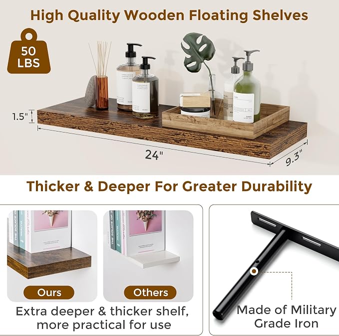 Floating Shelves for Wall, 24 inch Wall Shelves 9.3in Deep Wooden Shelves for Book, Living Room, Bathroom, Kitchen, Office, Rustic Brown Farmhouse Shelves, 24 x 9.3 x 1.5 in, 2 Packs