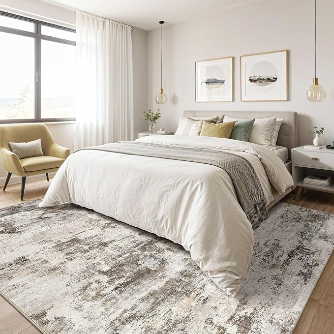 10x14 Area Rugs Living Room: Washable Large Abstract Neutral Modern Soft Rug Stain Resistant Indoor Floor Non-Slip Accent Carpet for Bedroom Nursery Playroom Dining Room Office Dorm Home- Brown Yellow