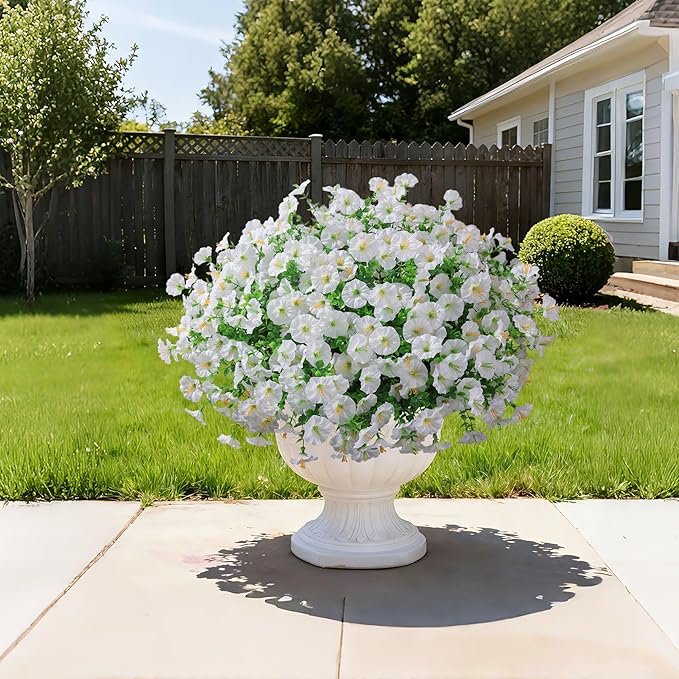 Ivydale 24 Bundles Artificial Flowers for Outdoors Spring Outside Decoration, Faux Silk Petunias White Fake Flowers Bulk Realistic UV Resistant Plants for Outdoor Planters Porch Patio Garden Yard Home