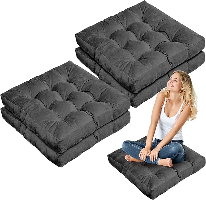 Jerify 4 Pcs Floor Pillow Cushions Large Round Square Large Meditation Floor Pillow for Classroom Adult Meditation Picnic Party Seating Learning Daycare School (Square,Dark Grey)