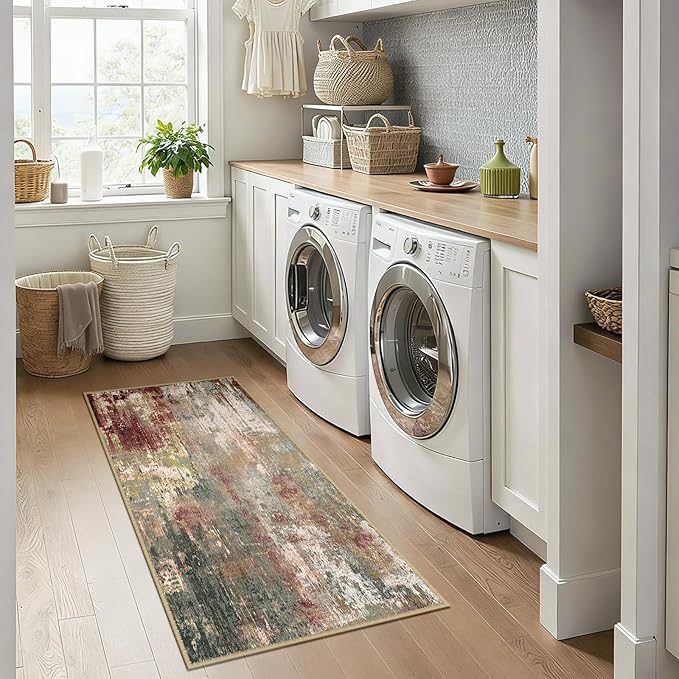 RELEANY Washable Area Rugs 2'x5' Non-Slip Modern Abstract Soft for Living Room Entryway Bedroom Nursery, Print Pattern, Brown Rust Red Green Blue Multi