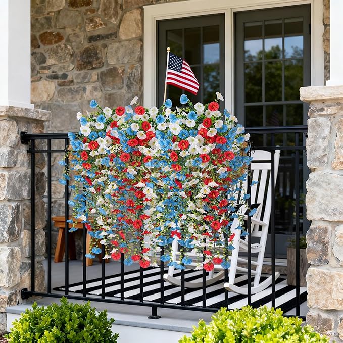 Artificial Hanging Petunias Flowers for Outdoor, 8pcs Fake Plants Long Vine Morning Glory Eucalyptus, UV Resistant Realistic Faux Greenery Outside Patio Porch Garden Spring Decor, Red Blue White