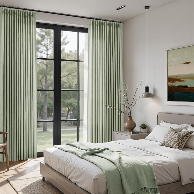 Sage Green Pinch Pleated Linen Curtains 90 Inches Long Country Elegant Farmhouse Semi Sheer Textured Linen Blended Light Filtering Curtain for Living Room Bedroom Pleated Drapes with Hooks Rings 40x90