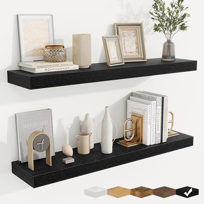 fuqing Floating Shelves for Wall, Wall Mounted Wood Floating Shelf with Invisible Brackets for Living Room, Bathroom, Bedroom, Kitchen Storage and Decor, 36 Inch Set of 2, Black