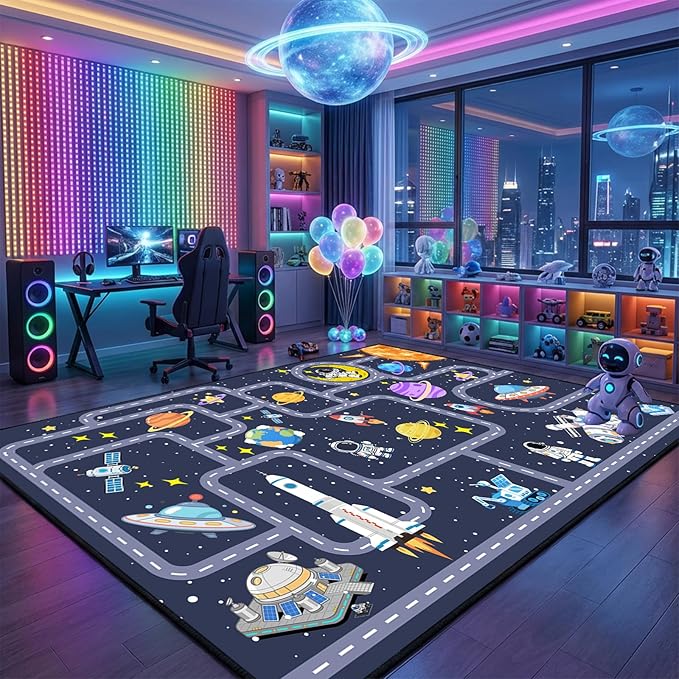 Space Rug 6x8 Feet Non Slip Kids Area Rug for Toy Cars Solar System Educational Road Traffic Carpet with Planets Astronauts Galaxy Theme for Boys Bedroom Playroom Nursery Dark Blue
