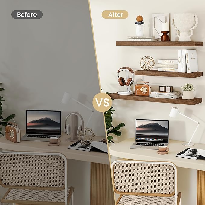 Fun Memories Rustic Wood Floating Shelves for Wall, Space-Saving Wall Mounted Shelves for Bathroom, Bedroom, Living Room and Kitchen, Stylish Storage & Display (Set of 2, Walnut, 72 in)