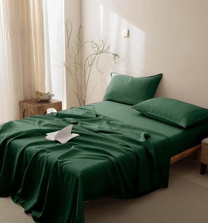 Talasily 100% French Linen Pillow Case Queen Size Set of 2,Oeko-TEX Certified Stone Washed Flax Pillow Shams with Envelope Closure - Breathable & Cooling for Hot Sleepers（Forest Green,20''x30''）