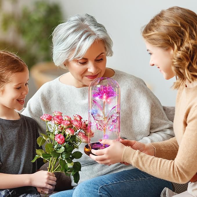 Mothers Day Flowers Gifts for Mom Women Birthday Gift, Galaxy Glass Rose Forever Eternal Crystal Flowers Rose in Glass Dome with Butterfly Mother's Day Roses Gifts for Mom Daughter Wife Grandma Pink