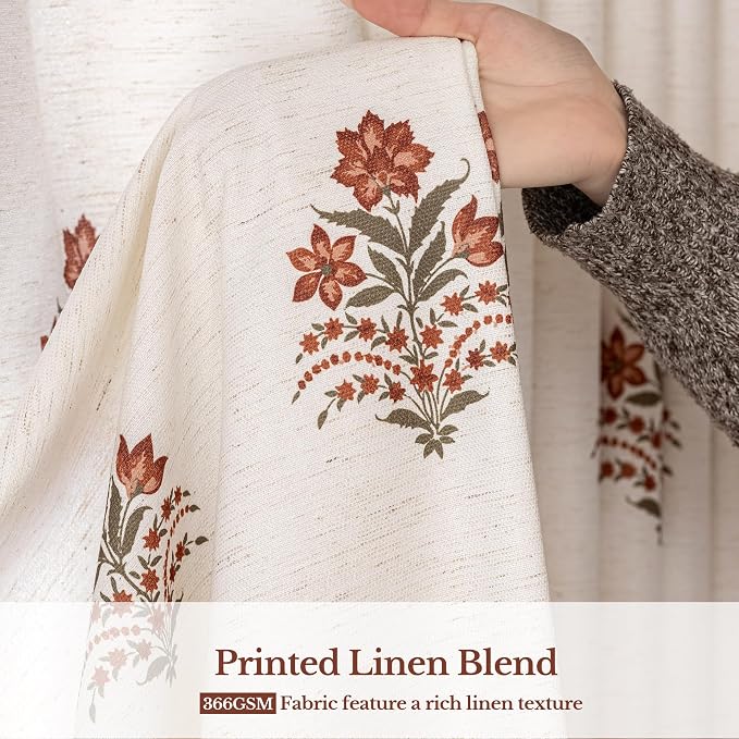 Pinch Pleated Curtains for Living Room: Light Filtering Floral Curtains 108" White Brown Linen Blend Drapes for Bedroom Dining Room Nursery, OEKO-TEX Certified, Easy Care, 2 Panels Set, 40"x108"