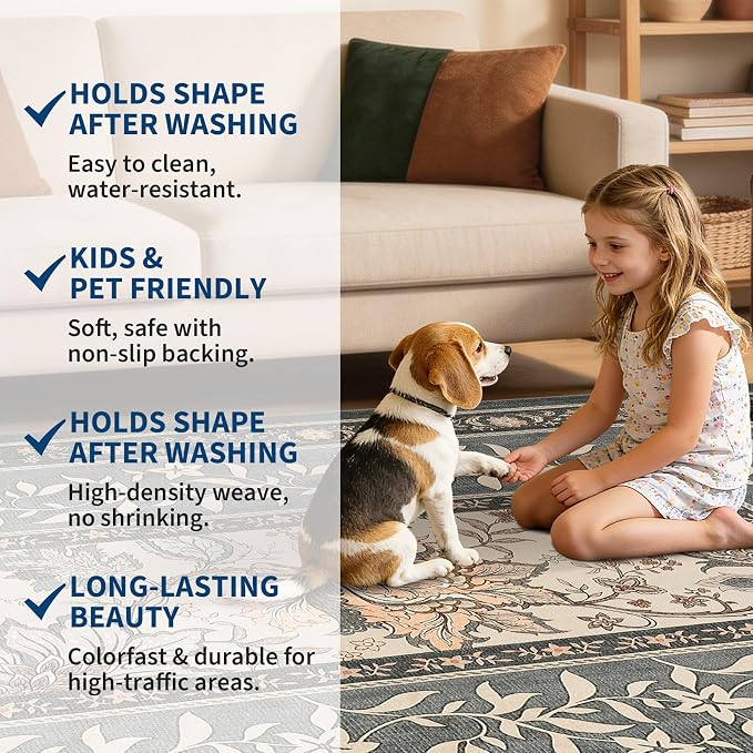 GarveeHome Grey Washable Kitchen Runner Rug: 2'6" x 8' Hallway Rug Non Slip Low-Pile Stain Resistant Cottage Core Vintage Farmhouse Soft Runners for Entryway Laundry Room