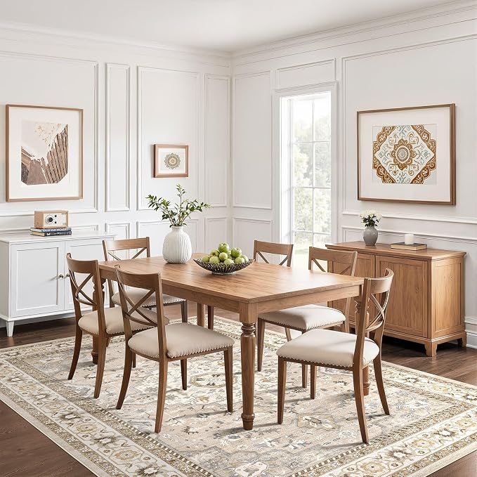 6x8 Area Rug Living Room: Washable Boho Large Neutral Vintage Soft Rug Stain Resistant Farmhouse Non-Slip Indoor Floor Carpet for Bedroom Nursery Kids Playroom Office Dining Room- Beige Grey