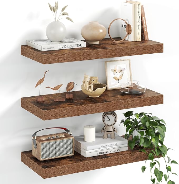 Fun Memories Floating Shelves, 20 Inch Floating Shelves, Wall Mounted Rustic Wood Shelf for Bathroom, Living Room, Bedroom and Kitchen, Hanging Shelf for Storage, Books, Home Decor, Brown - Set of 3