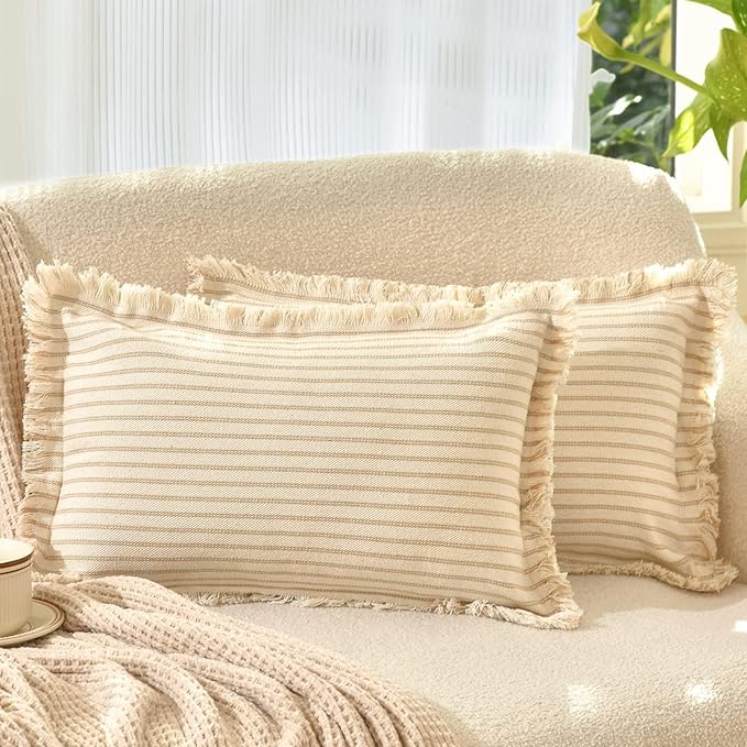 ZWJD Throw Pillow Covers 12x20 Set of 2 Striped Pillow Covers with Fringe Chic Cotton Decorative Pillows Square Cushion Covers for Sofa Couch Bed Living Room Farmhouse Decor, (Khaki)