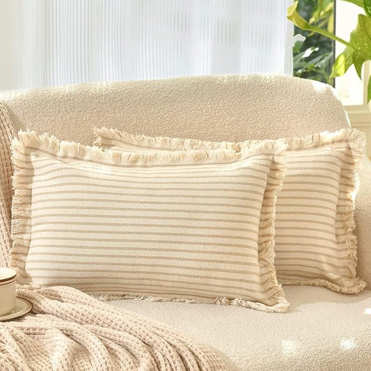 ZWJD Throw Pillow Covers 12x20 Set of 2 Striped Pillow Covers with Fringe Chic Cotton Decorative Pillows Square Cushion Covers for Sofa Couch Bed Living Room Farmhouse Decor, (Khaki)