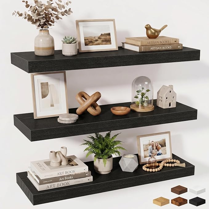 Fun Memories Floating Shelves for Wall, 32 Inch Long Floating Shelves Set of 3, 32 x 10 Wooden Shelves for Wall, Large Storage Shelves, Hanging Shelves for Bathroom Kitchen Bedroom, Black