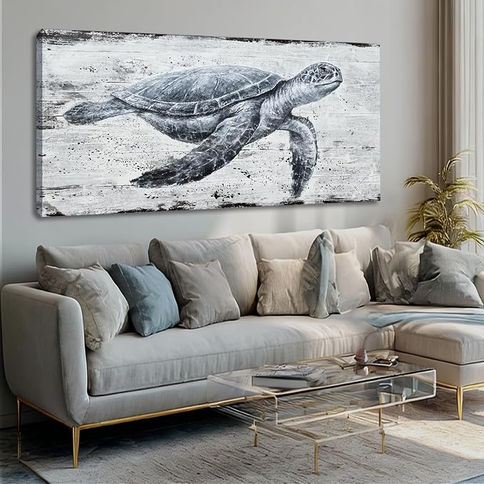 Hue7Art Marine Life Turtle Wall Art Canvas Ocean Wildlife Illustration, Retro Coastal Style Painting for Living Room Bedroom Bathroom Seaside Wall Decoration 29x58 Inch