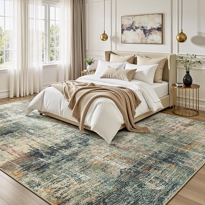Lofus 9x12 Area Rug for Living Room, Coffee/Green Abstract Large Rugs with Non-Slip Backing, Neutral Modern Washable Carpet for Bedroom Dining Room Home Office Nursery Indoor
