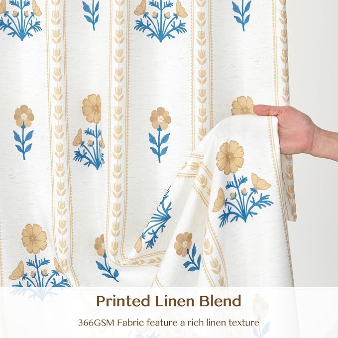 THREE GIRLS Pinch Pleated Light Filtering Linen Blend Floral Block Print Curtains for Living Room, Bedroom, Farmhouse, Memory Trained, Hooks, 2 Panels Set, 40"x120", Yellow