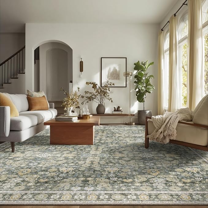 Washable Rugs for Living Room: 8x10 Area Rugs for Bedroom Ultra Soft Non-Slip Stain Resistant Vintage Boho Large Carpet for High-Traffic Dining Room - Farmhouse Decor