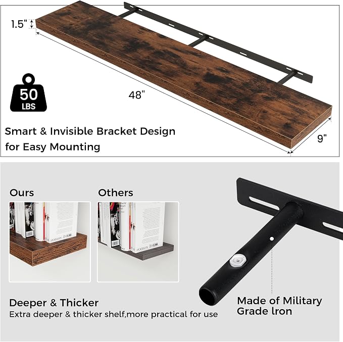 Floating Shelves for Wall 48 inch Long, Engineered Wood Wall Shelves with Invisible Brackets for Living Room Bedroom Bathroom Office Kitchen Decor and Storage, Rustic Brown Finish, Set of 2