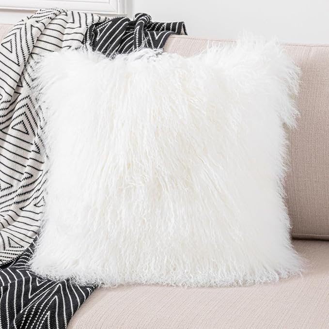 Mongolian Lamb Fur Throw Pillow Cover (16'' x 16'', White) Real Fur Decorative Cushion Cover Pillow Case for Living Room Bedroom