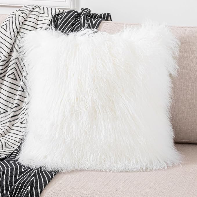 Mongolian Lamb Fur Throw Pillow Cover Soft Fluffy Decorated for Livingroom Car Accessories, 45cm (18" x18‘’) White