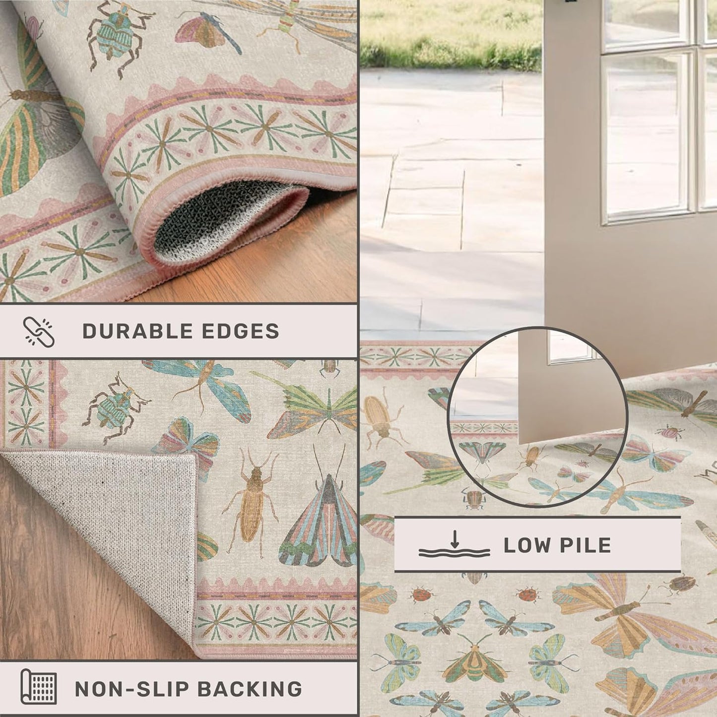 Cute Rugs for Bedroom Girls - Pink Living Room Rugs 8X10, Dining Room Table, Washable Pastel Flower Insect Print Whimsical Décor