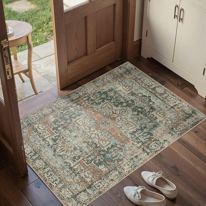 Rugxara Entryway Rug Door Mat, Washable Samll 2x3 Rug, Green Boho Front Door Mat, Non Slip Area Rugs, Low Pile Throw Accent Entry Carpet for Indoor Entrance, Bathroom and Kitchen(Green 2x3ft)
