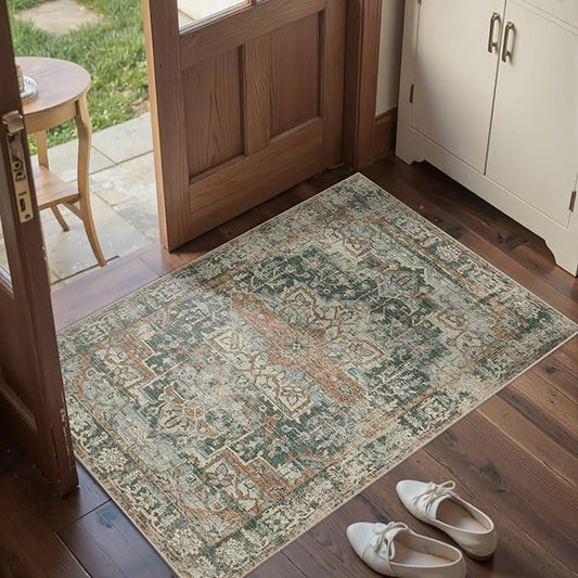 Rugxara Entryway Rug Door Mat, Washable Samll 2x3 Rug, Green Boho Front Door Mat, Non Slip Area Rugs, Low Pile Throw Accent Entry Carpet for Indoor Entrance, Bathroom and Kitchen(Green 2x3ft)