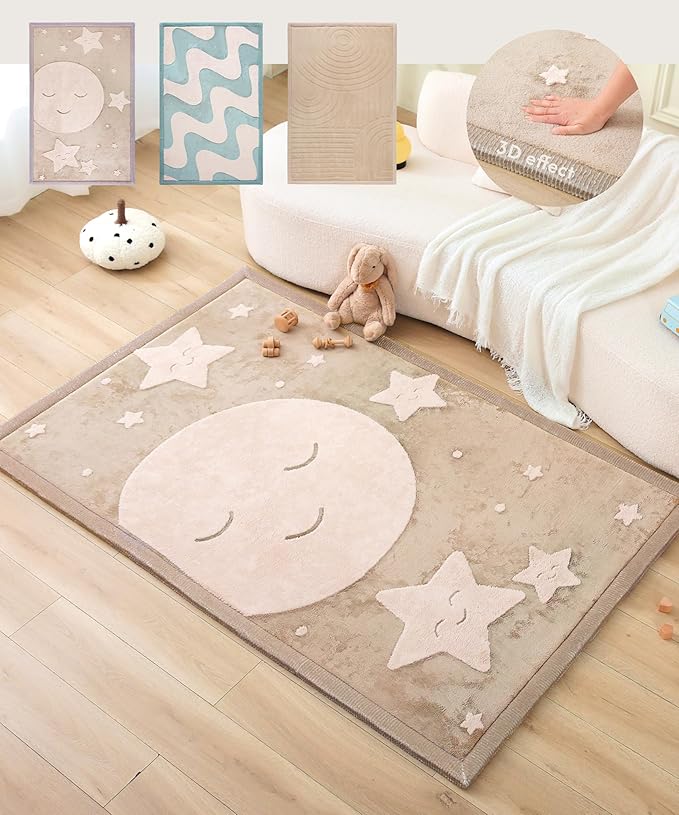 Hakuna Matte CloudRise Baby Play Mat for Floor 60" x 80" Moon & Stars – Coral Velvet Memory Foam Rug for Crawling & Cozy Play – Non-Slip, Water-Resistant, Easy-Care Tummy Time Mat, Playmat for Playpen
