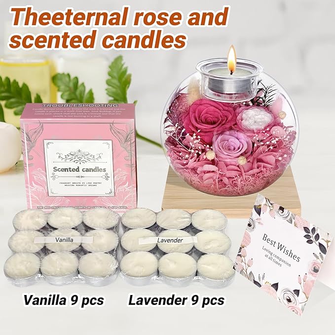 Preserved Roses Birthday Gifts for Her, Flower in Glass Dome with Scented, Flower for Women Mom Wife Daughter Girlfriend on Birthday Mothers Day Anniversary Valentines Day Christmas (Pink)