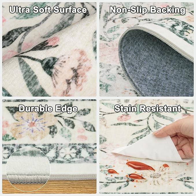 Runner Rug for Entryway: 2.6x14 Kitchen Rugs Non Slip Washable Ultra-Thin Soft Floral Carpet Indoor Floor Stain Resistant Carpets for Hallway Bedroom Kitchen Laundry Bathroom Dorm Green/Beige