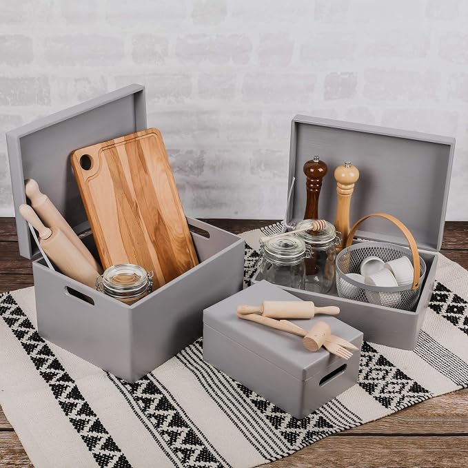 Creative Deco Large Gray Wooden Box Storage with Hinged Lid | 15.8x11.8x9.44in (+-0.5) | Keepsake Gift Box Storage Document | Wood Chest Trunk PRODUCT NOT INTENDED FOR 15 YEARS OR BELOW | Solid pine storage box with a lid for keepsakes, crafts, station...
