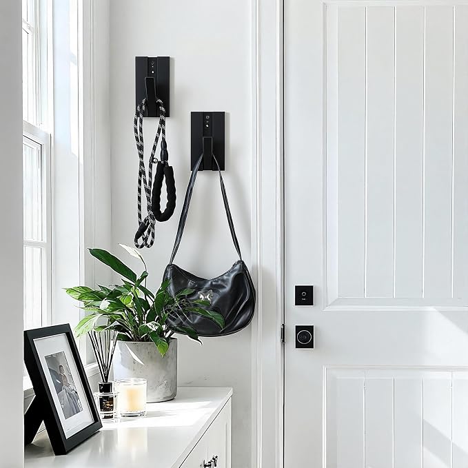 Folding Wall Hooks 2Pack: Black Modern Wooden Coat Hooks Mount for Heavy Duty Hanging Towels Backpack Bags Hats, Space Saving Minimalist Decorative Entryway Hanger for Aesthetic Homeowner