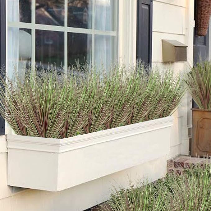 24 Bundles Artificial Grass Plants Outdoor 20 Inch Tall Fake Shrubs Wheat Grass UV Resistant Greenery Stems Weed Faux Bushes Plant for Indoor Outdoor Garden Office Home Decor, Purple