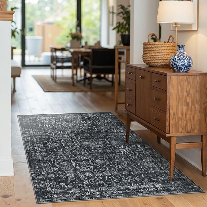 Rugxara 3x5 Rug for Entryway Bedroom, Black 3x5 Washable Area Rug, Vintage Retro Boho Throw Rug, Non Slip & Low Pile Small Carpet for Indoor Kitchen, Bedside, Living Room, Bathroom and Dining