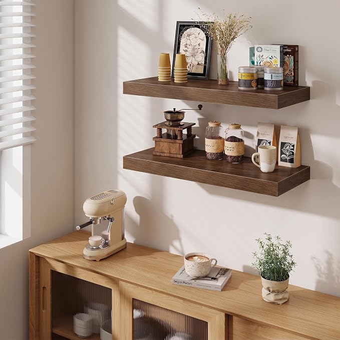 Fun Memories 12 Inch Deep Floating Shelves for Wall, 30 Inch Long Floating Shelf, 30 x 12 Shelf for Wall, Rustic Wood Bookshelves, Hanging Shelves for Bathroom Kitchen Bedroom, Walnut, Set of 2