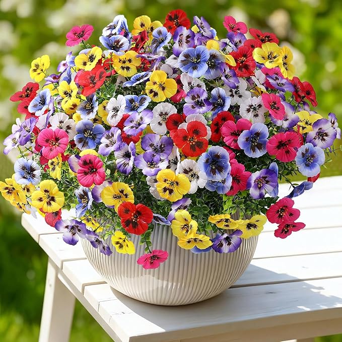 Alupssuc 24 Bundles Artificial Flowers for Outdoors, Fake Spring Flowers for Decoration, UV Resistant Realistic Pansies with Eucalyptus Silk Faux Flowers for Porch Patio Yard, 6 Mix Colors