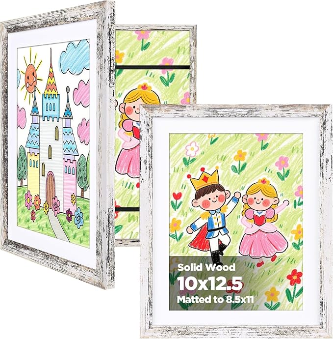 KINLINK 10x12.5 Kids Art Frame Set of 2, Solid Wood Kids Artwork Frames Changeable with Front Opening Hold 150 Pictures, Art Frames for Kids Art with Mat，without Mat 10x12.5 Picture Frame Rustic White